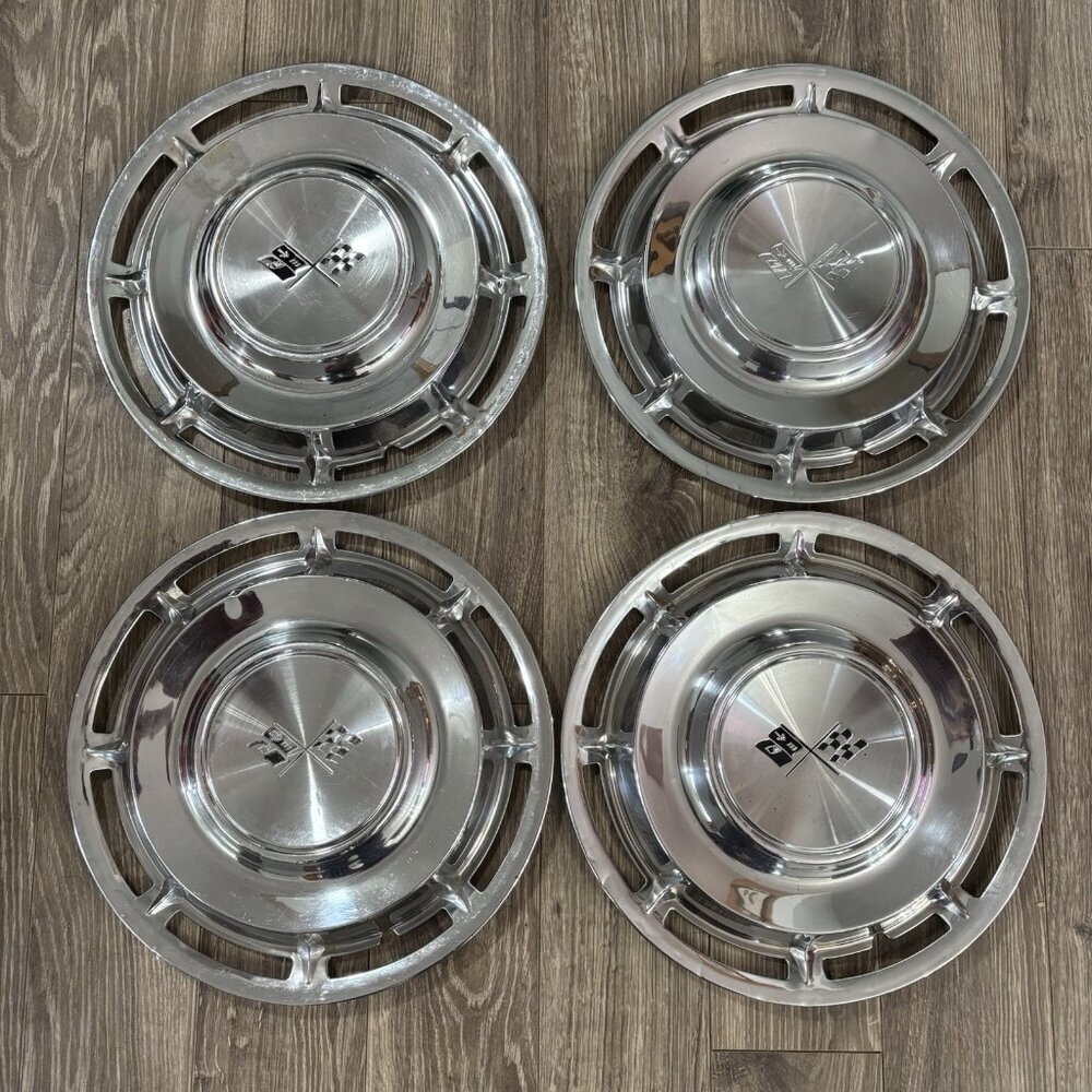VTG 1960's Chevrolet Chevy Impala Cross Flag‎ Wheel Covers Hubcaps 4 Chrome 14"
